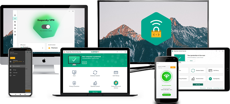 Small assortment of technological devices compatible with Kaspersky Secure Connection.