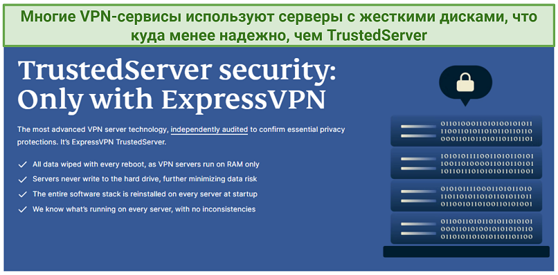 Screenshot showing ExpressVPN's TrustedServer Technology webpage on its website.