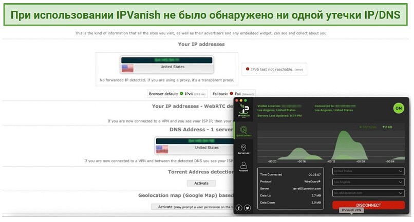 Graphic showing DNS leak test with IPVanish