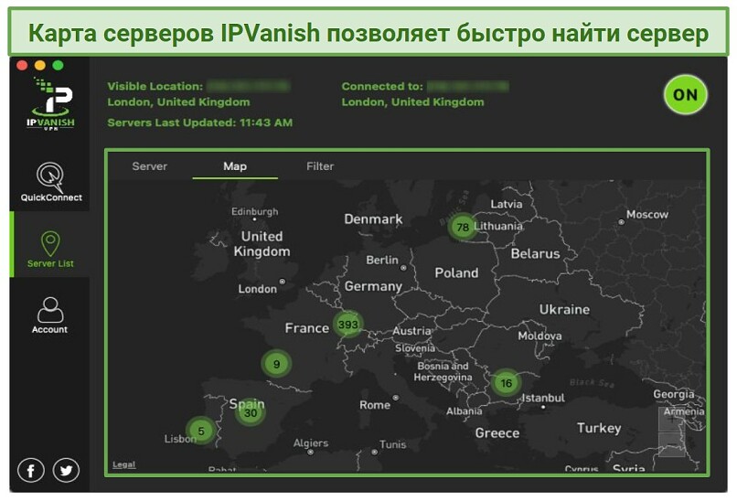 Graphic showing IPVanish and map