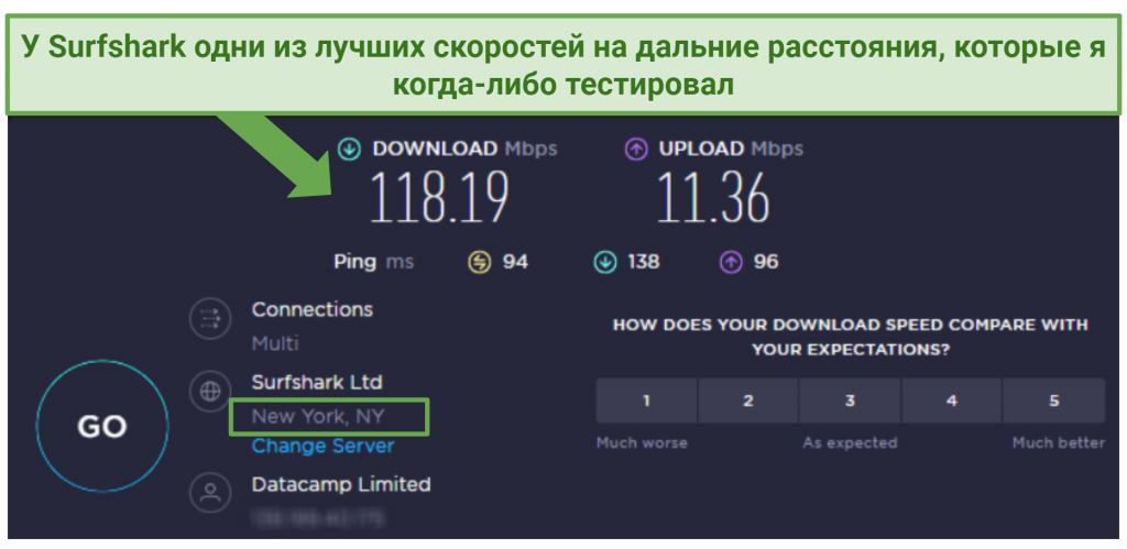 speed test result from Surfshark's New York server