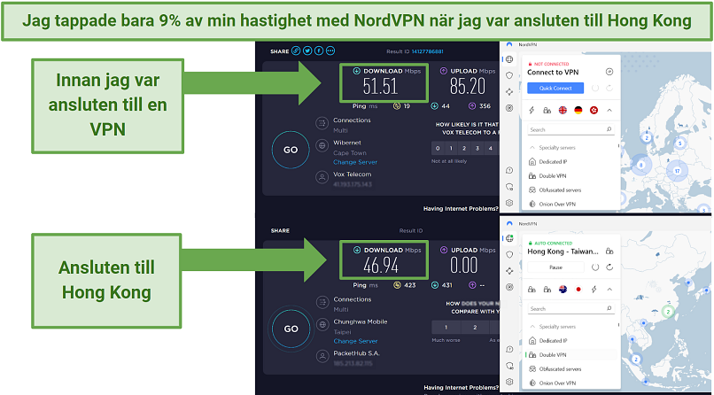 Speed test showing starting speeds versus NordVPN's speeds while connected to Hong Kong