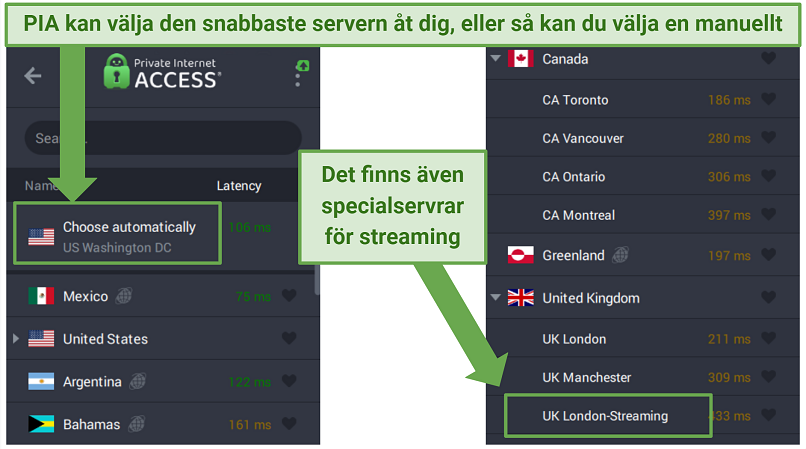 PIA's Windows app displaying different server options