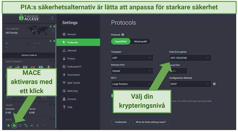 PIA Windows app displaying how to customize different security features and enable MACE