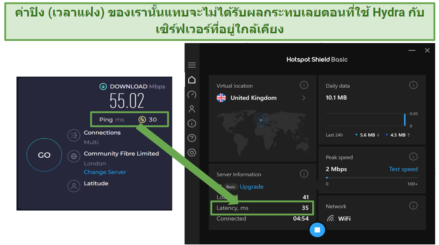 Screenshot showing Hotspot Shield Free VPN affect on ping or latency