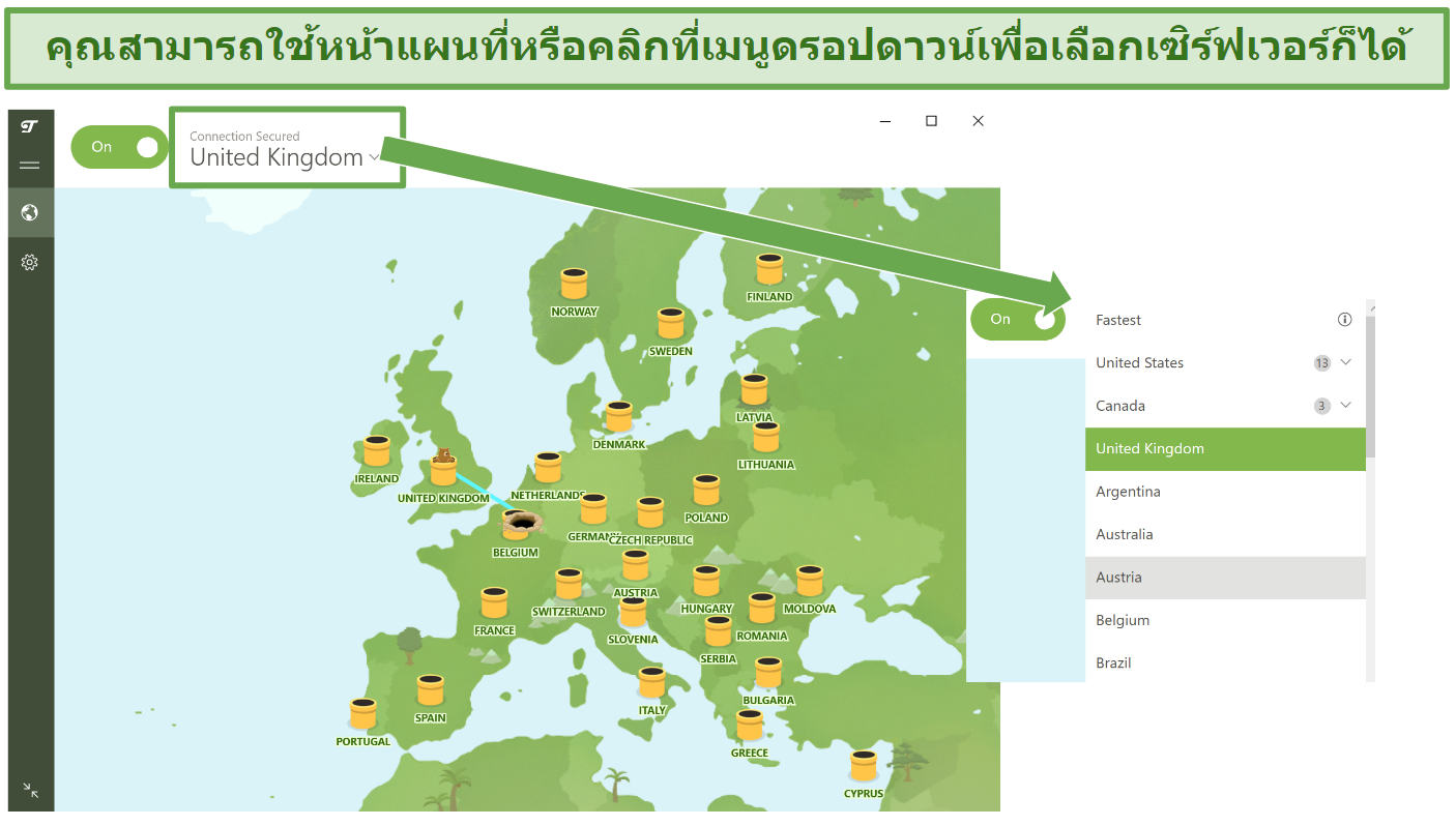 Screenshot showing TunnelBear Free VPN user interface and how to select server locations