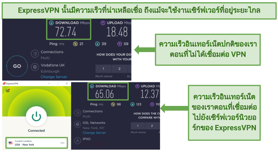 Screenshots of ExpressVPN's speed tests