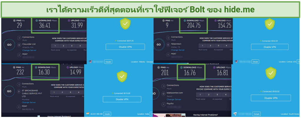 Speed test results using hideme connected to 4 different server locations