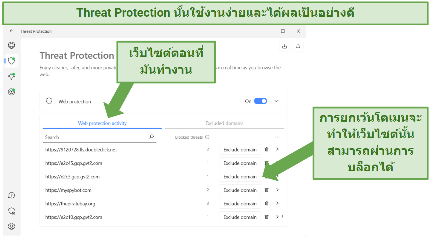 screenshot showing NordVPN's threat protection feature displaying which sites it blocked threats on