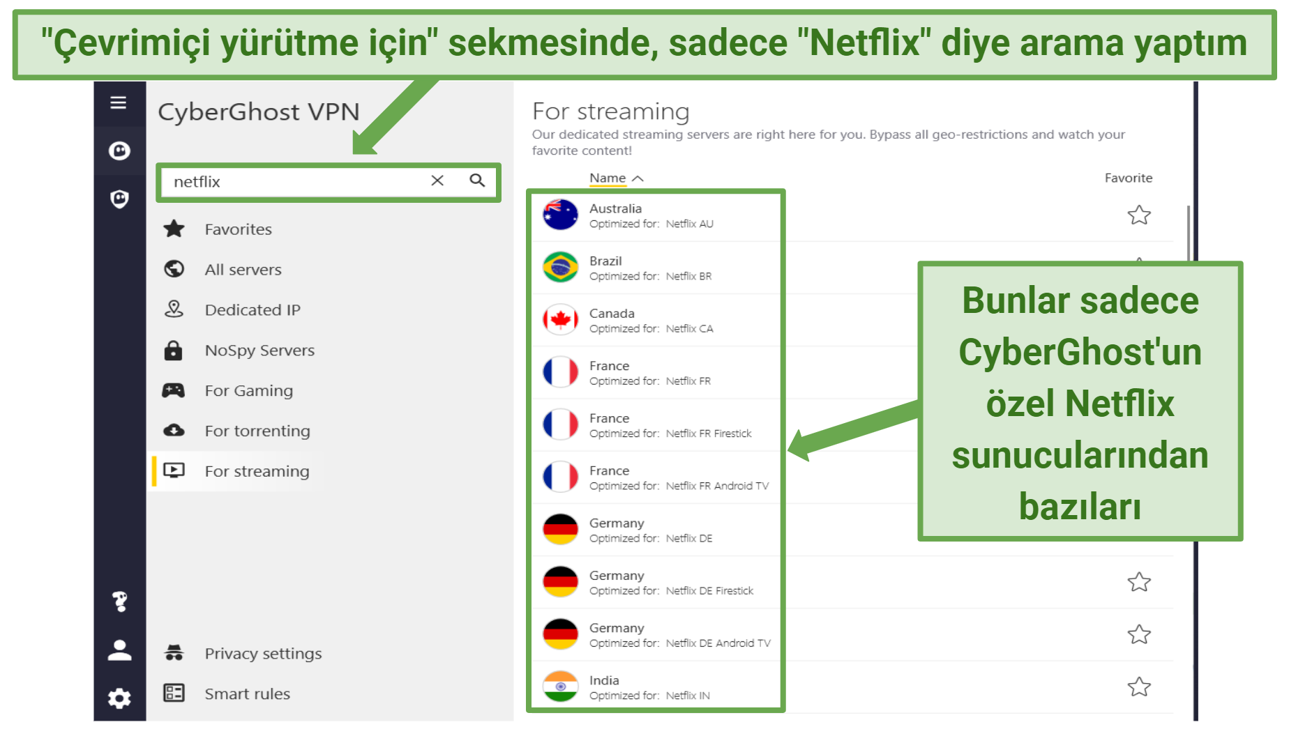 Screenshot displaying a list of CyberGhost's Netflix-optimized servers