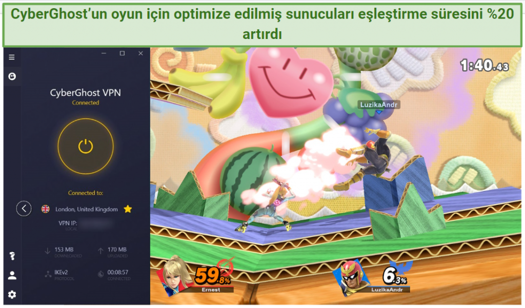 Screenshot of CyberGhost VPN working well with Super Smash Bros. Ultimate