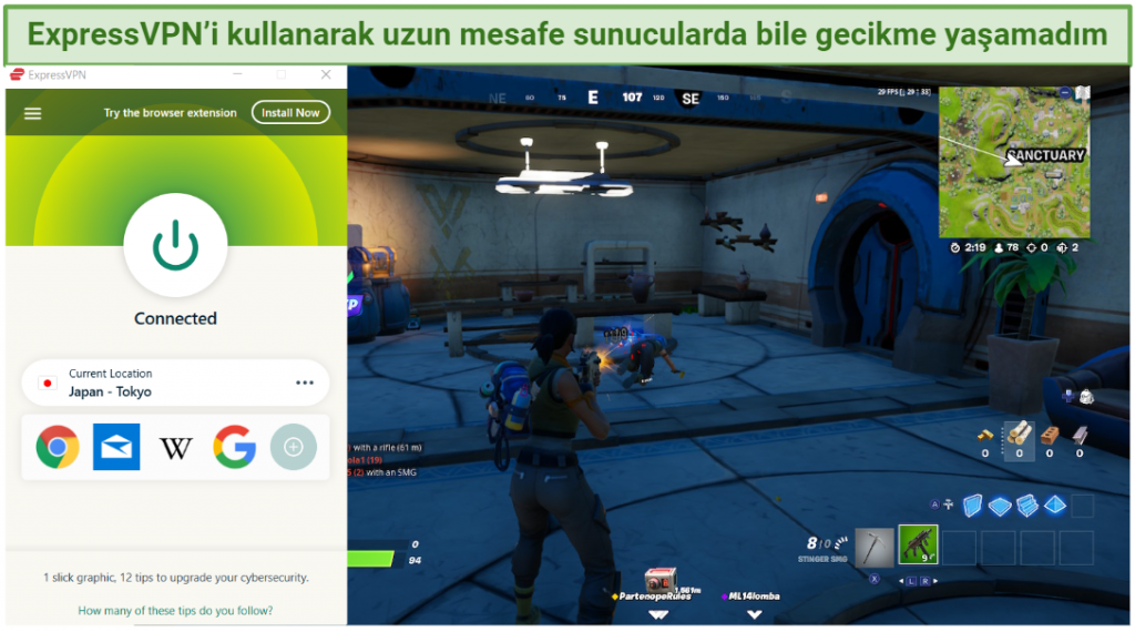 Screenshot of ExpressVPN working with Fortnite game