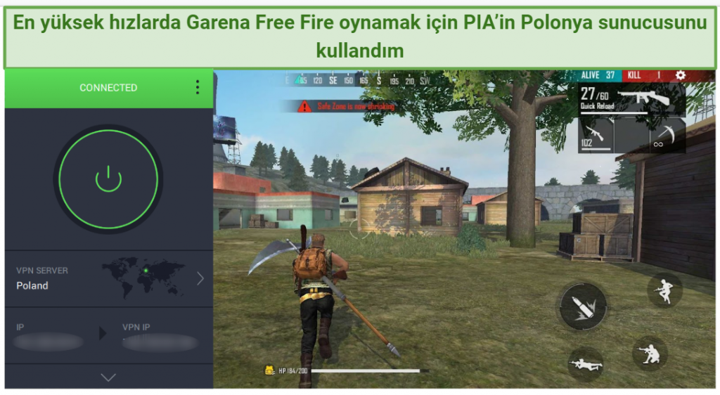 Screenshot of Private Internet Access working with Garena Free Fire