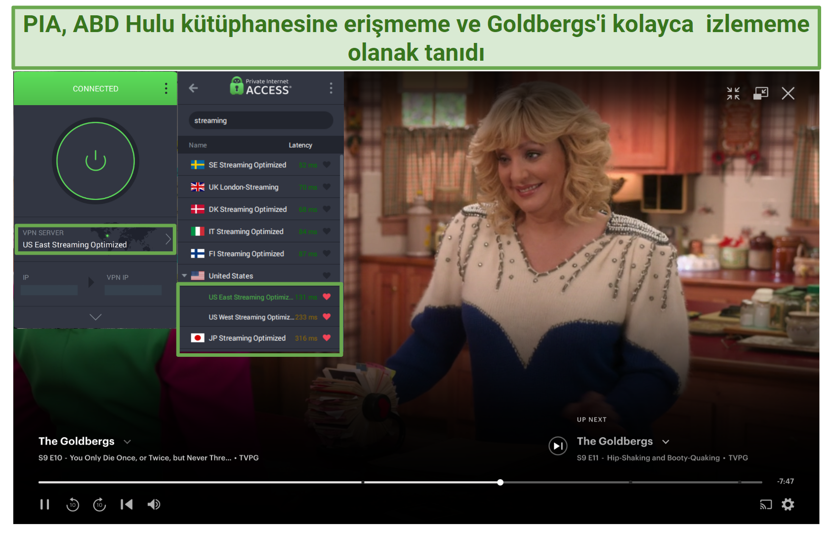 PIA's streaming servers unblocking the US Hulu library and streaming The Goldbergs