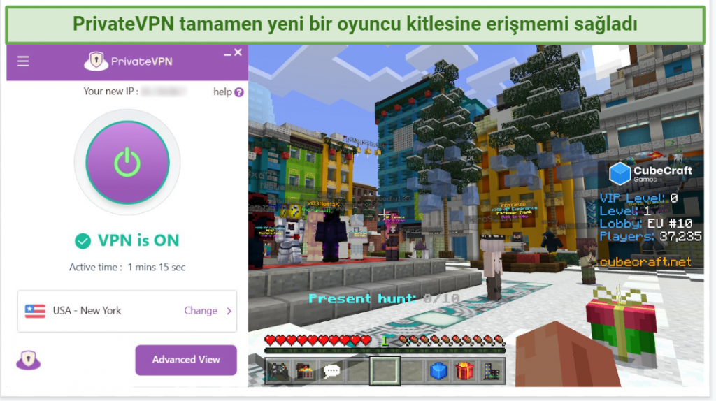 Screenshot of PrivateVPN working with Minecraft