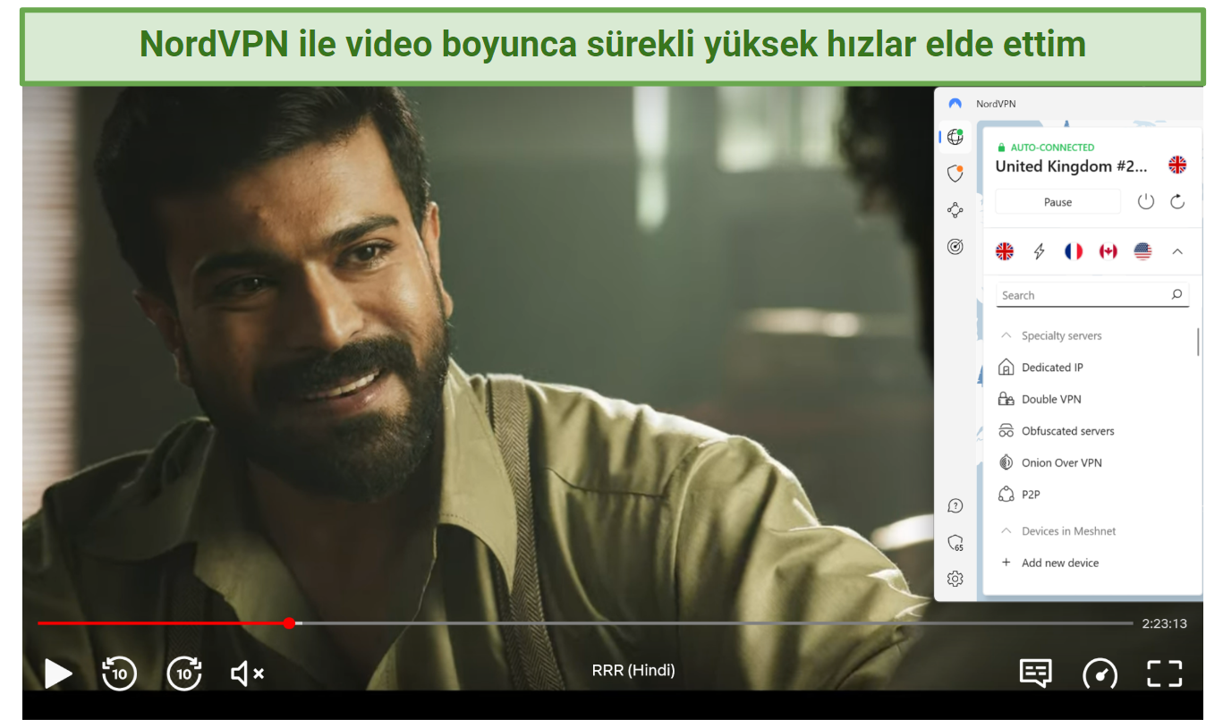 A screenshot of RRR playing on Netflix while connected to one of NordVPN's UK servers