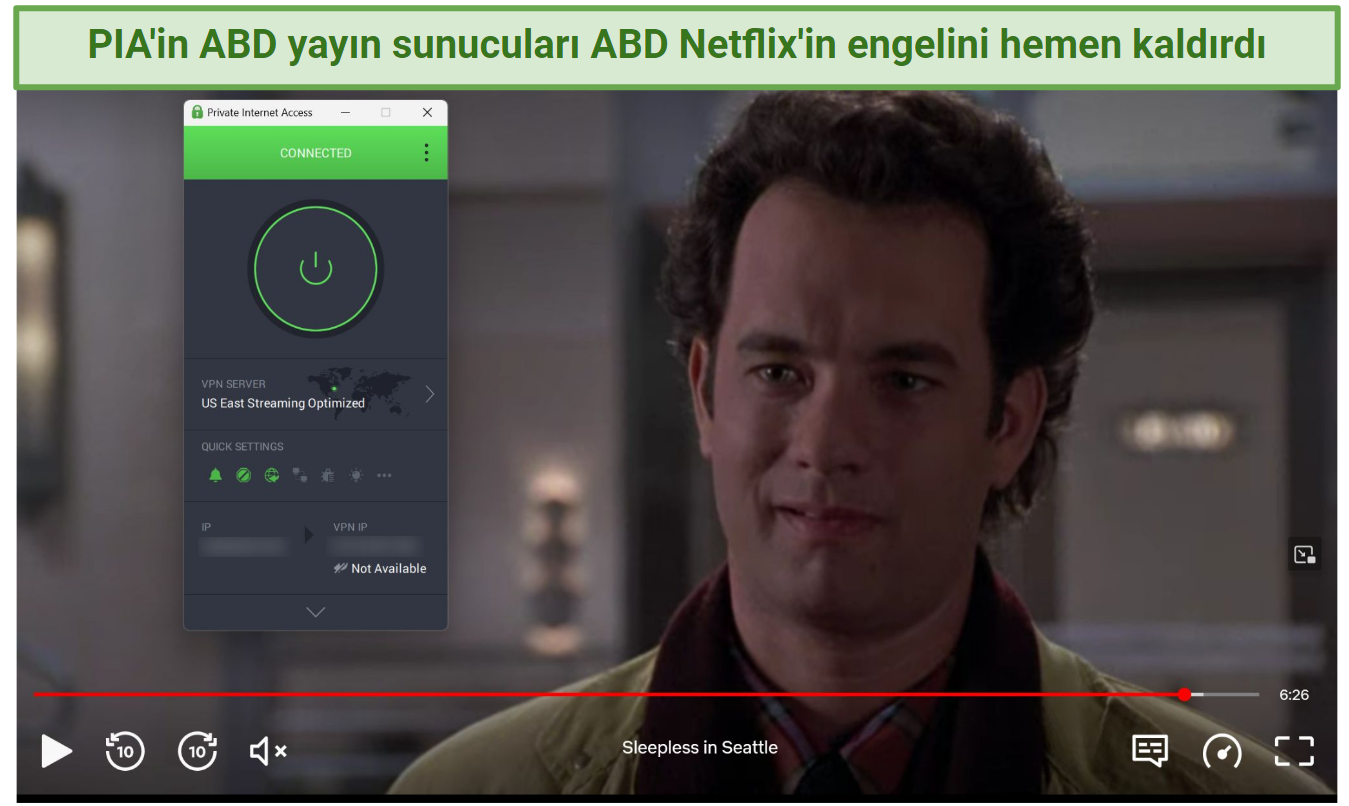 Screenshot of Netflix Player streaming Sleepless in Seattle while connected to PIA's US East Streaming Server