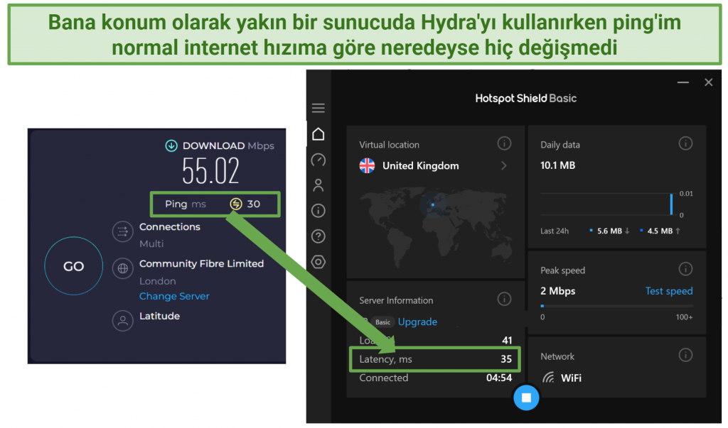 Screenshot showing Hotspot Shield Free VPN affect on ping or latency