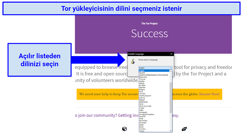 Instructions displaying how to select Tor's language preference