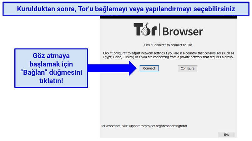 Instructions showing how to connect or configure Tor browser after installation