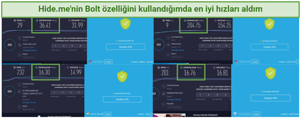 Speed test results using hideme connected to 4 different server locations