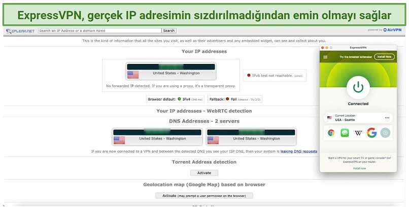 Screenshot showing ExpressVPN leak protection working