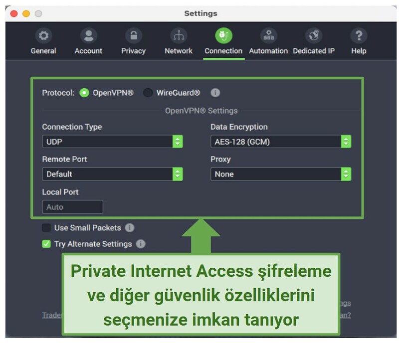 Graphic showing PIA security settings