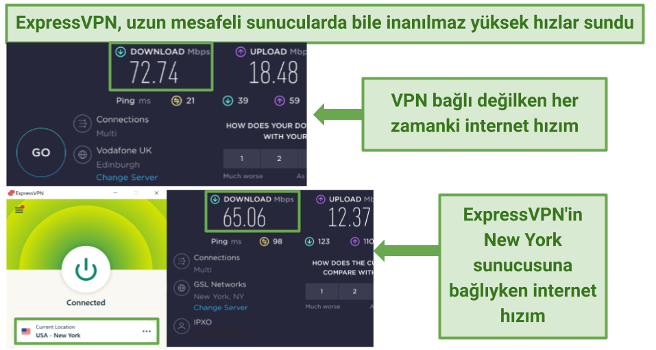 Screenshots of ExpressVPN's speed tests