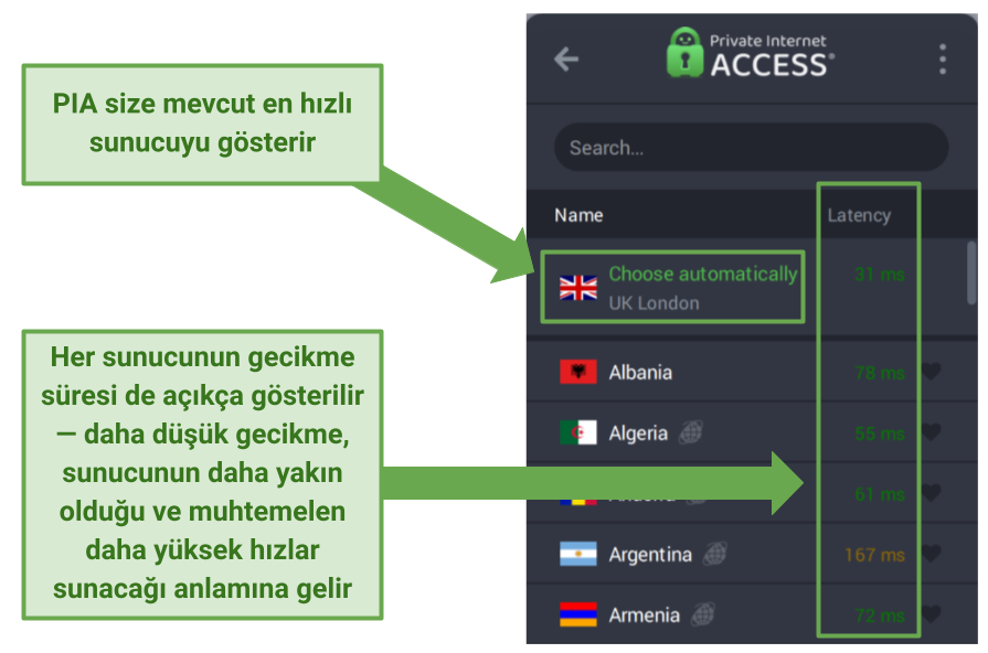 Screenshot of PIA's app showing server latency