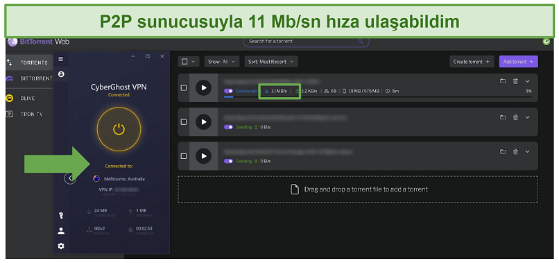 Screenshot of Bit Torrent downloading files while connected to CyberGhost