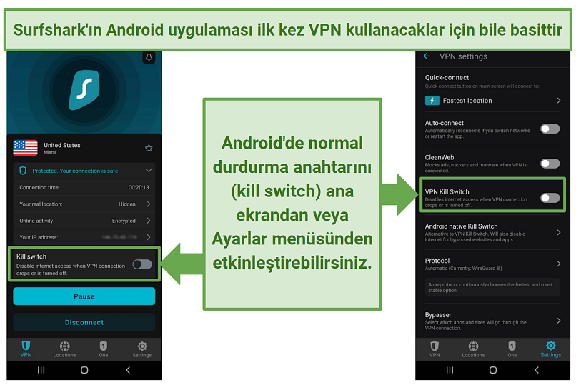 A screenshot of Surfshark's Android app showing the kill switch option on the main screen and in the Settings menu