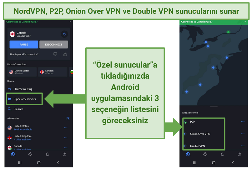 A screenshot of NordVPN's Android app showing the 3 different specialty server options