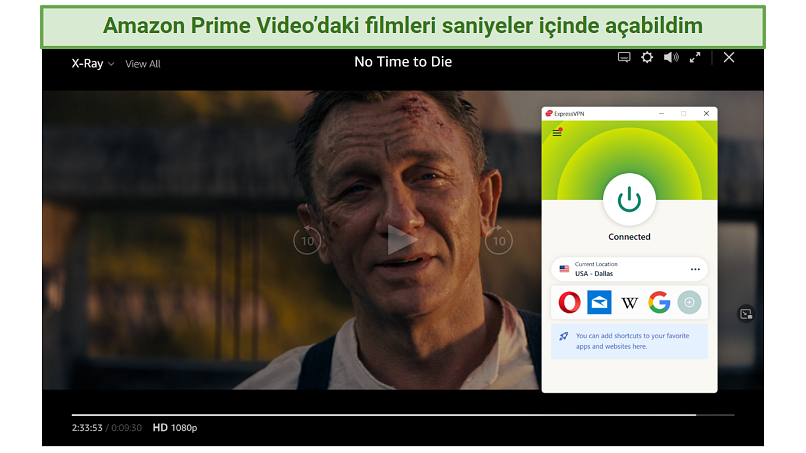 Screenshot of Amazon Prime Video player streaming No Time to Die while connected to ExpressVPN