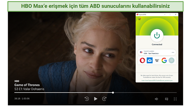 Screenshot of HBO Max player streaming Game of Thrones while connected to ExpressVPN