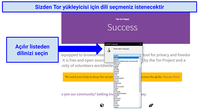 The Tor website prompting a selection of language for the installer tool, with a drop-down list to select from