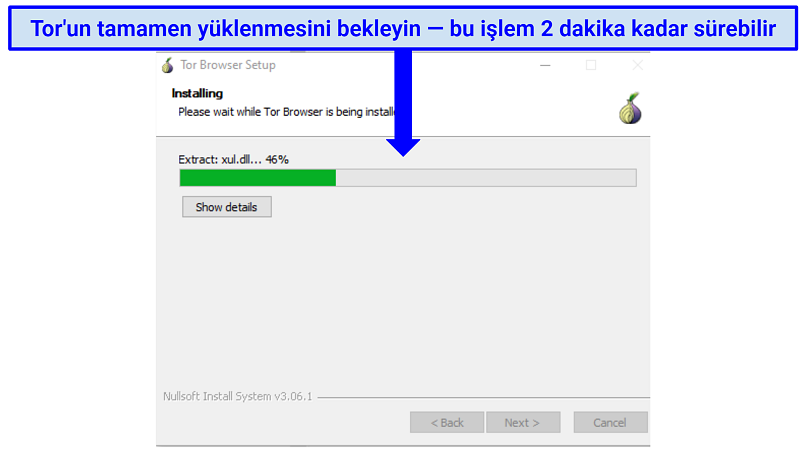 Screenshot of the Tor browser installing on Windows with a progress percentage bar