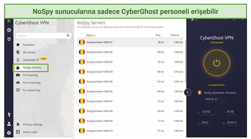 Screenshot showing CyberGhost's list of NoSpy servers in Romania