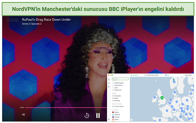 Screenshot of BBC iPlayer streaming RuPaul's Drag Race Down Under while connected to NordVPN