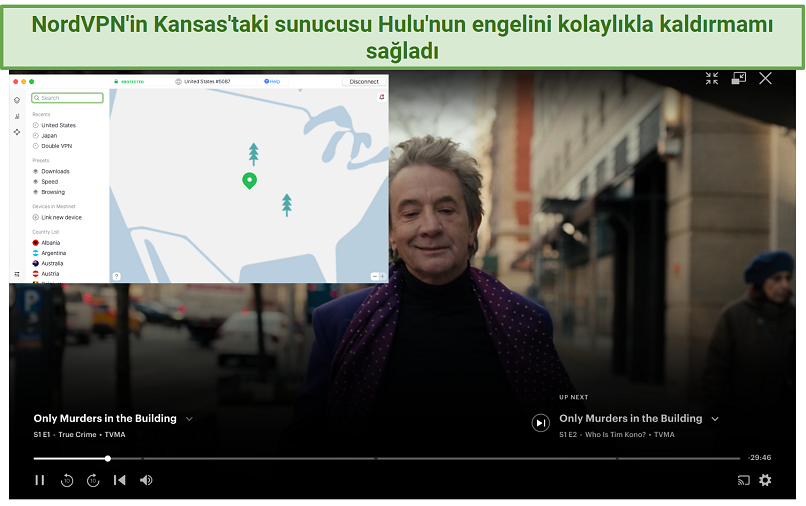 Screenshot of Hulu player streaming Only Murders in the Building while connected to NordVPN