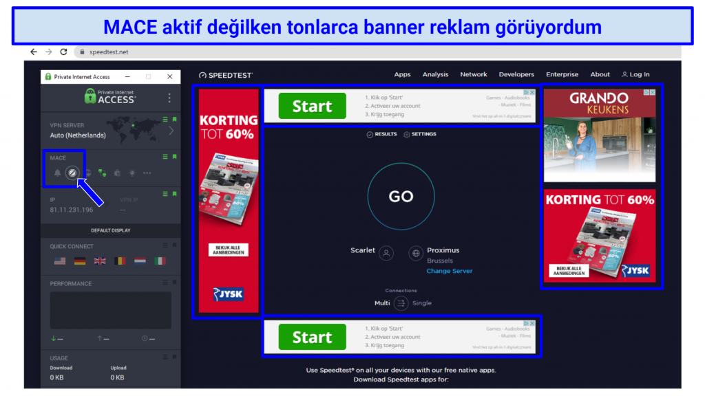 Screenshot showing webpage with ads before Private Internet Access VPN's MACE feature activated