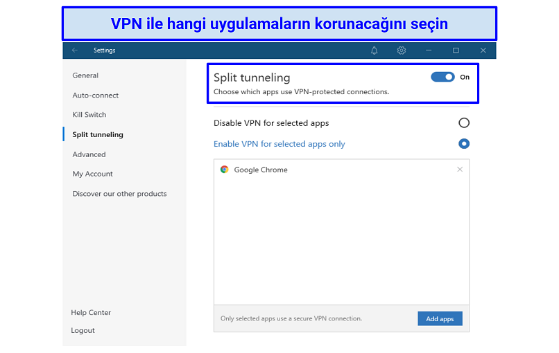 A screenshot of NordVPN's split tunneling settings