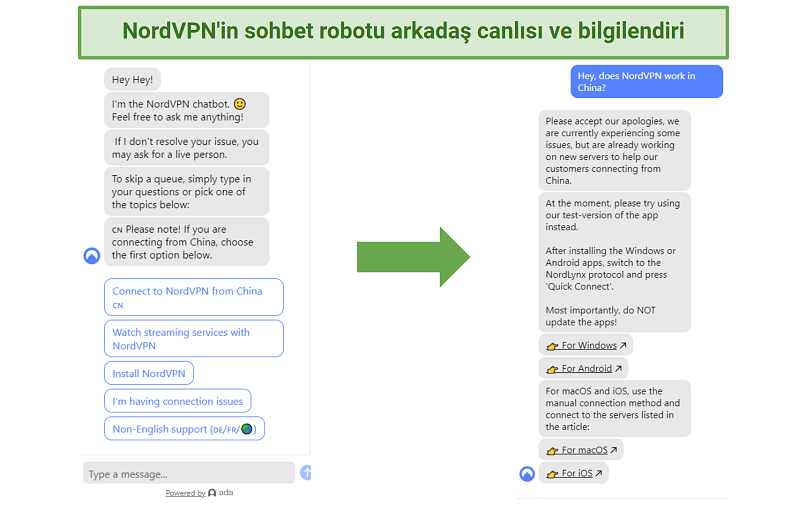 A screenshot of NordVPN's helpful chatbot interface