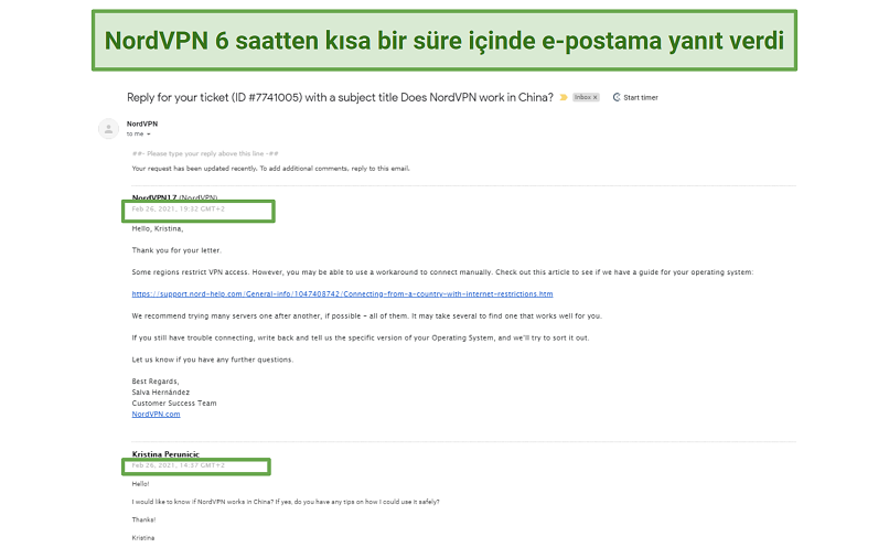 A screenshot of NordVPN's reply after sending a question to customer support