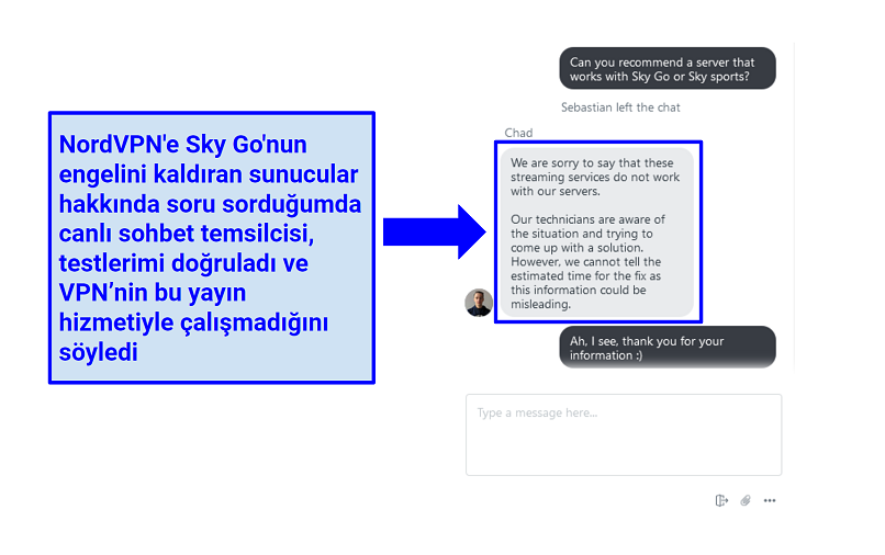 A screenshot of NordVPN live chat rep explaining that NordVPN doesn't work with SkyGO