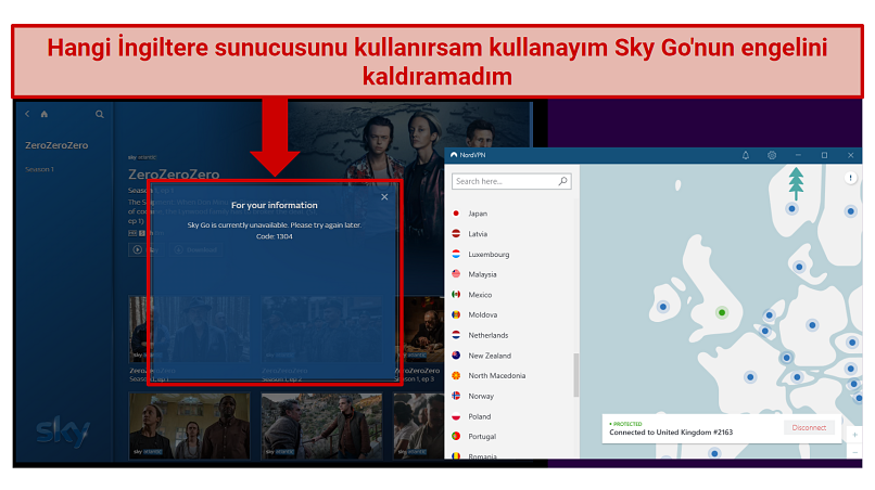A screenshot of NordVPN not being able to unblock SkyGo