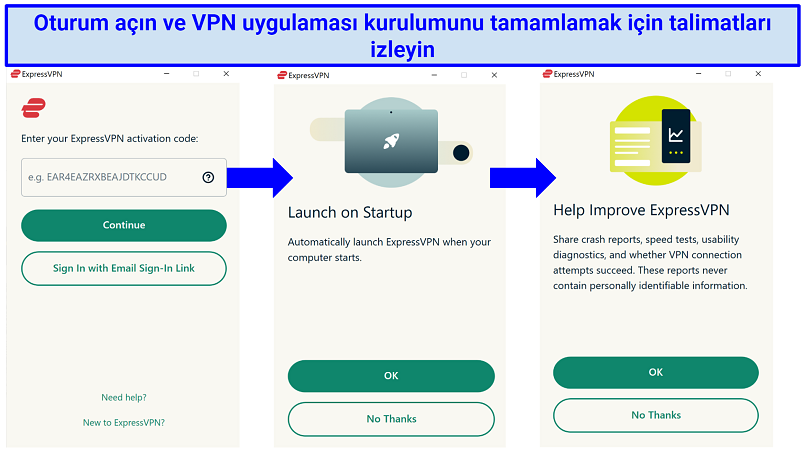 Screenshots of ExpressVPN's set-up prompts