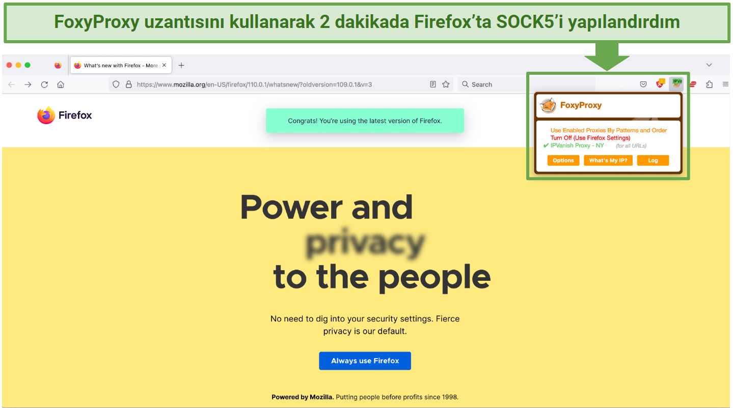 Screenshot showing a Firefox browser connected to a SOCKS5 proxy in New York