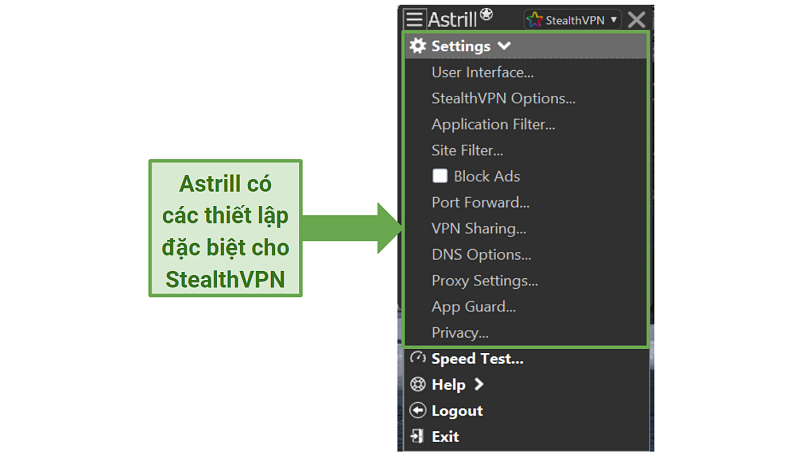 A screenshot showing Astrill's settings for StealthVPN