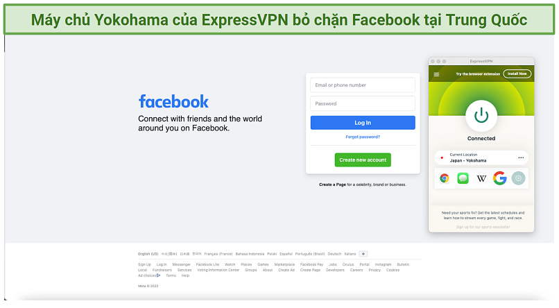 A screenshot showing that ExpressVPN's Yokohoma server unblocks Facebook in China