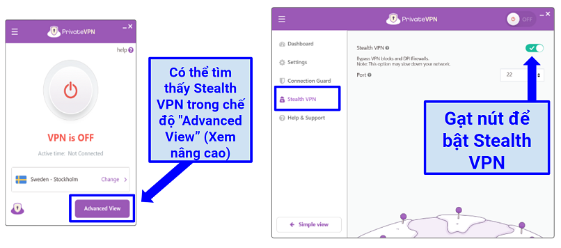 Screenshots showing PrivateVPN's Advanced View screen where the Stealth VPN feature can be turned on